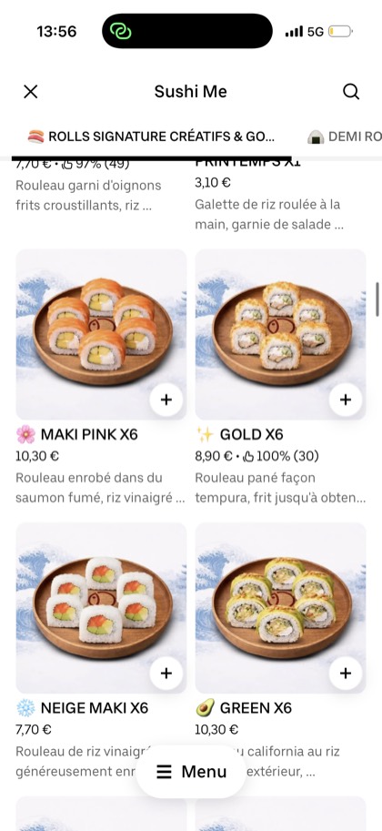 Carte sushi Uber Eats redesignée par ExpertPlace