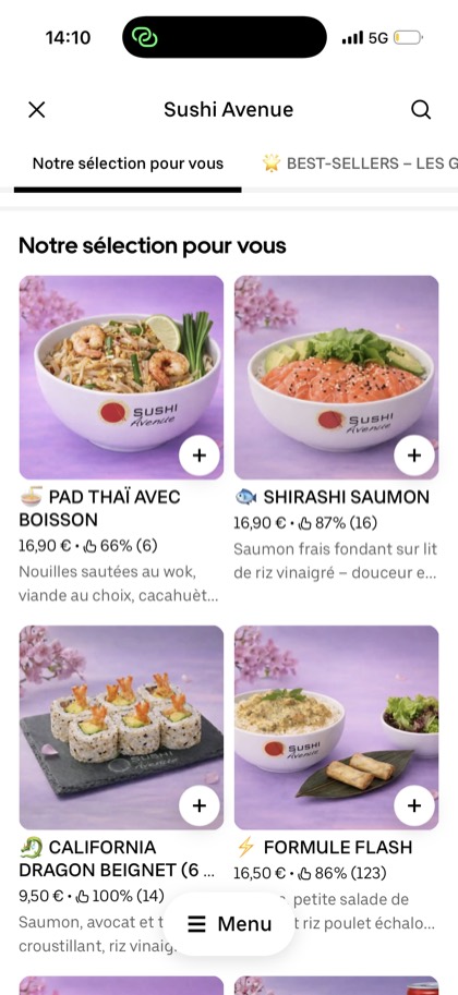 Carte sushi Uber Eats redesignée par ExpertPlace