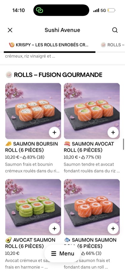 Carte sushi Uber Eats redesignée par ExpertPlace