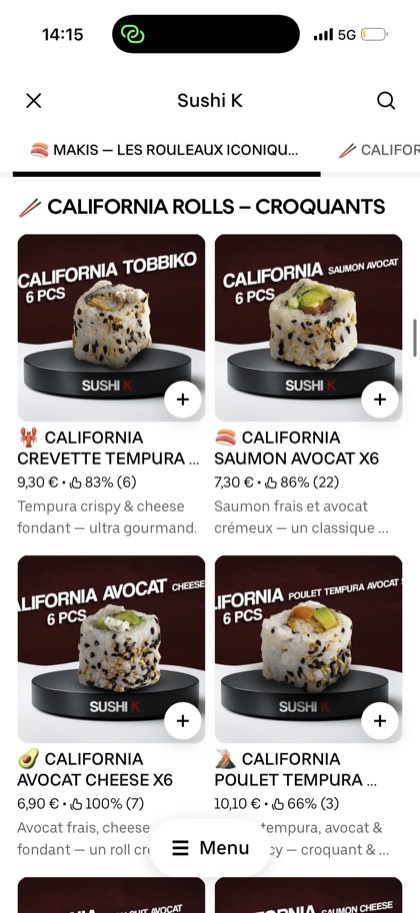 Carte sushi Uber Eats redesignée par ExpertPlace