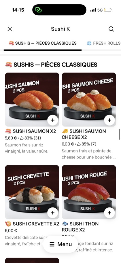 Carte sushi Uber Eats redesignée par ExpertPlace