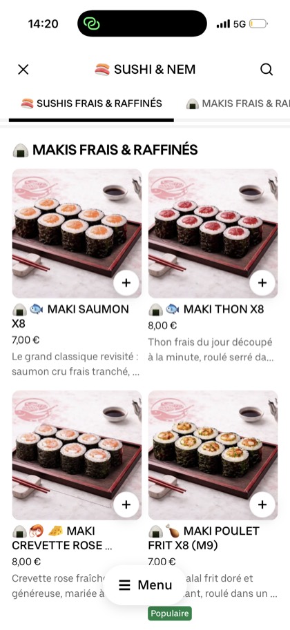 Carte sushi Uber Eats redesignée par ExpertPlace