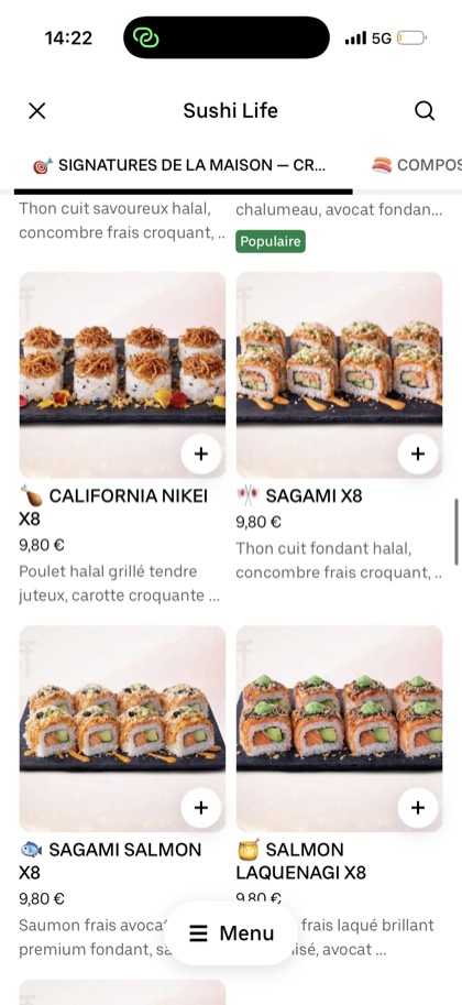 Carte sushi Uber Eats redesignée par ExpertPlace