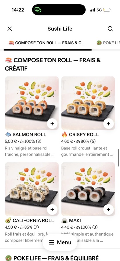 Carte sushi Uber Eats redesignée par ExpertPlace