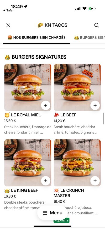 Carte restaurant optimisée sur Uber Eats