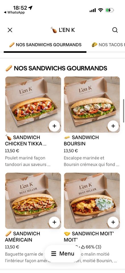 Carte restaurant optimisée sur Uber Eats
