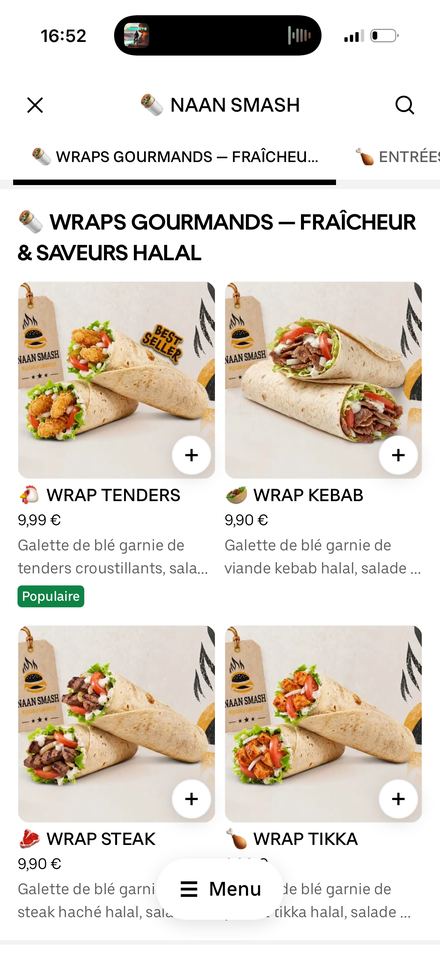 Carte restaurant optimisée sur Uber Eats