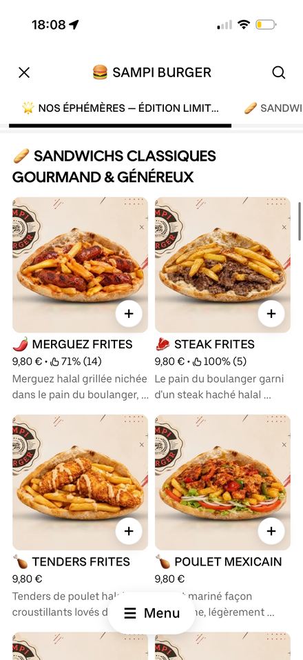 Carte restaurant optimisée sur Uber Eats