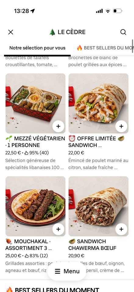 Carte restaurant optimisée sur Uber Eats