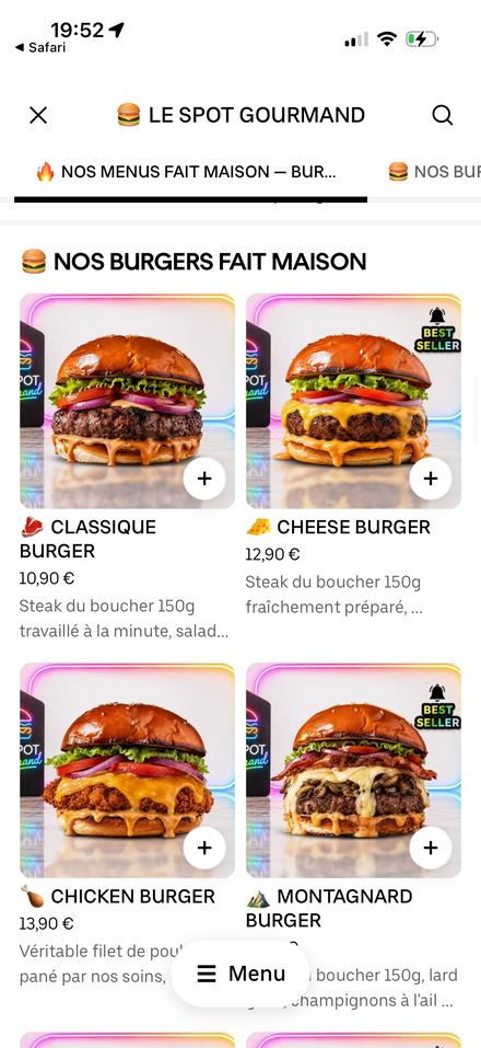 Carte restaurant optimisée sur Uber Eats