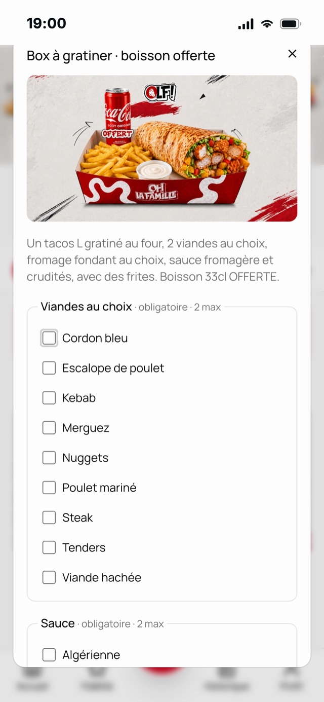 Fiche produit dans l'application, options et boisson offerte