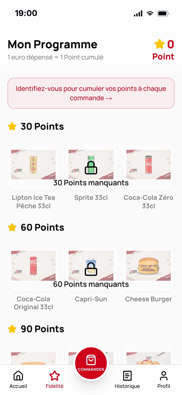 Programme de fidélité dans l'application, paliers 30 60 90 points